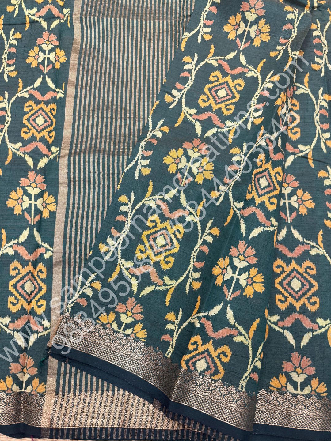 Green , Floral Prints in the body , tissue Pallu and Printed Blouse Semi Tussar Saree