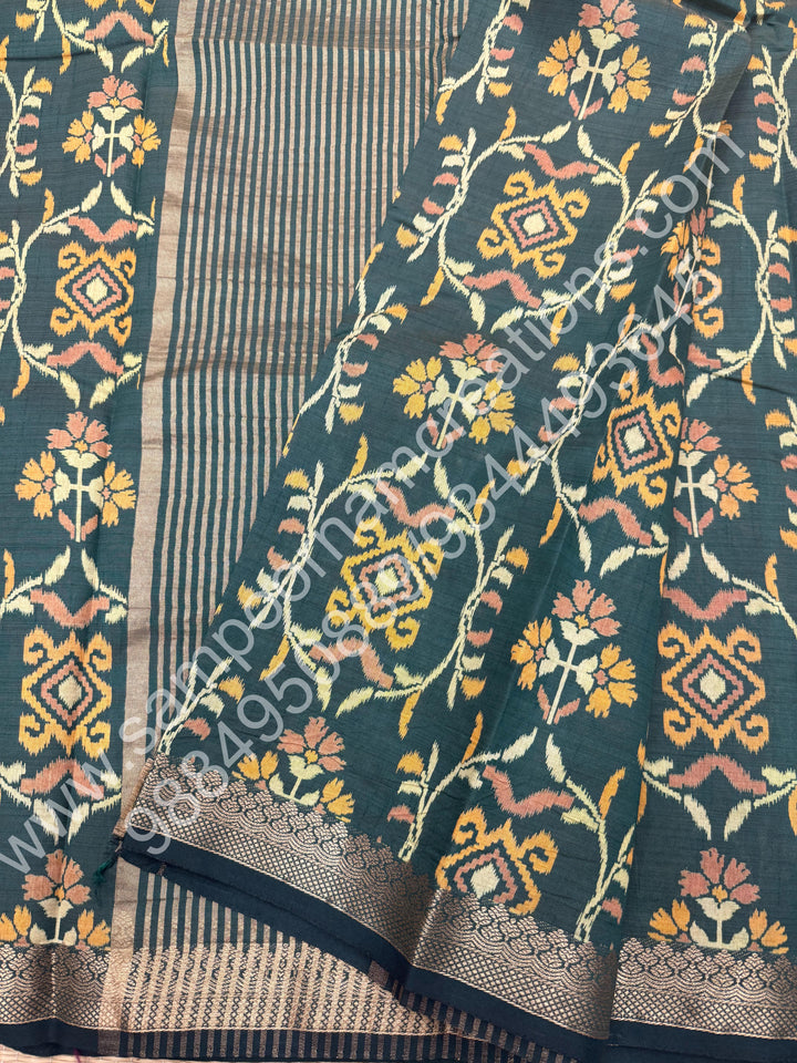 Green , Floral Prints in the body , tissue Pallu and Printed Blouse Semi Tussar Saree