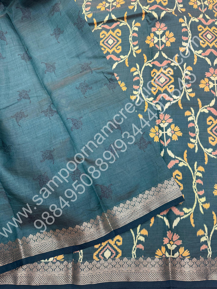 Green , Floral Prints in the body , tissue Pallu and Printed Blouse Semi Tussar Saree