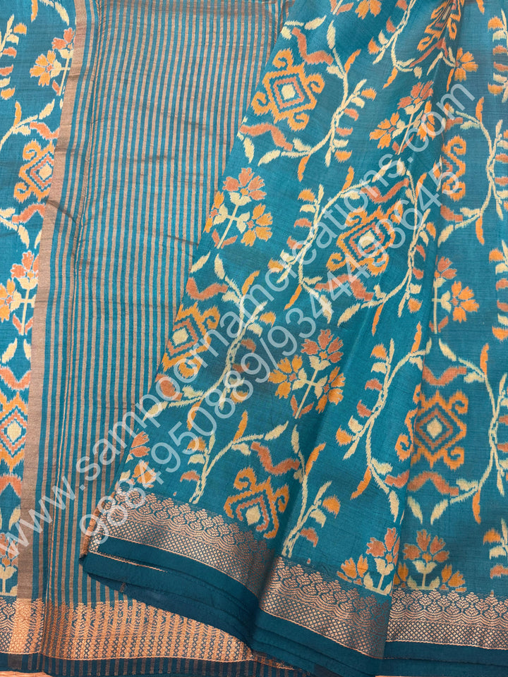 Light Blue , Floral  Prints in the body , tissue Pallu and Printed Blouse Semi Tussar Saree