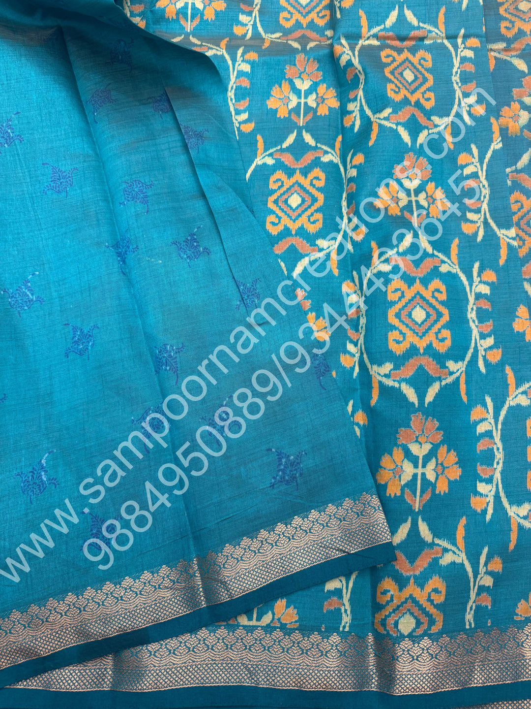 Light Blue , Floral  Prints in the body , tissue Pallu and Printed Blouse Semi Tussar Saree