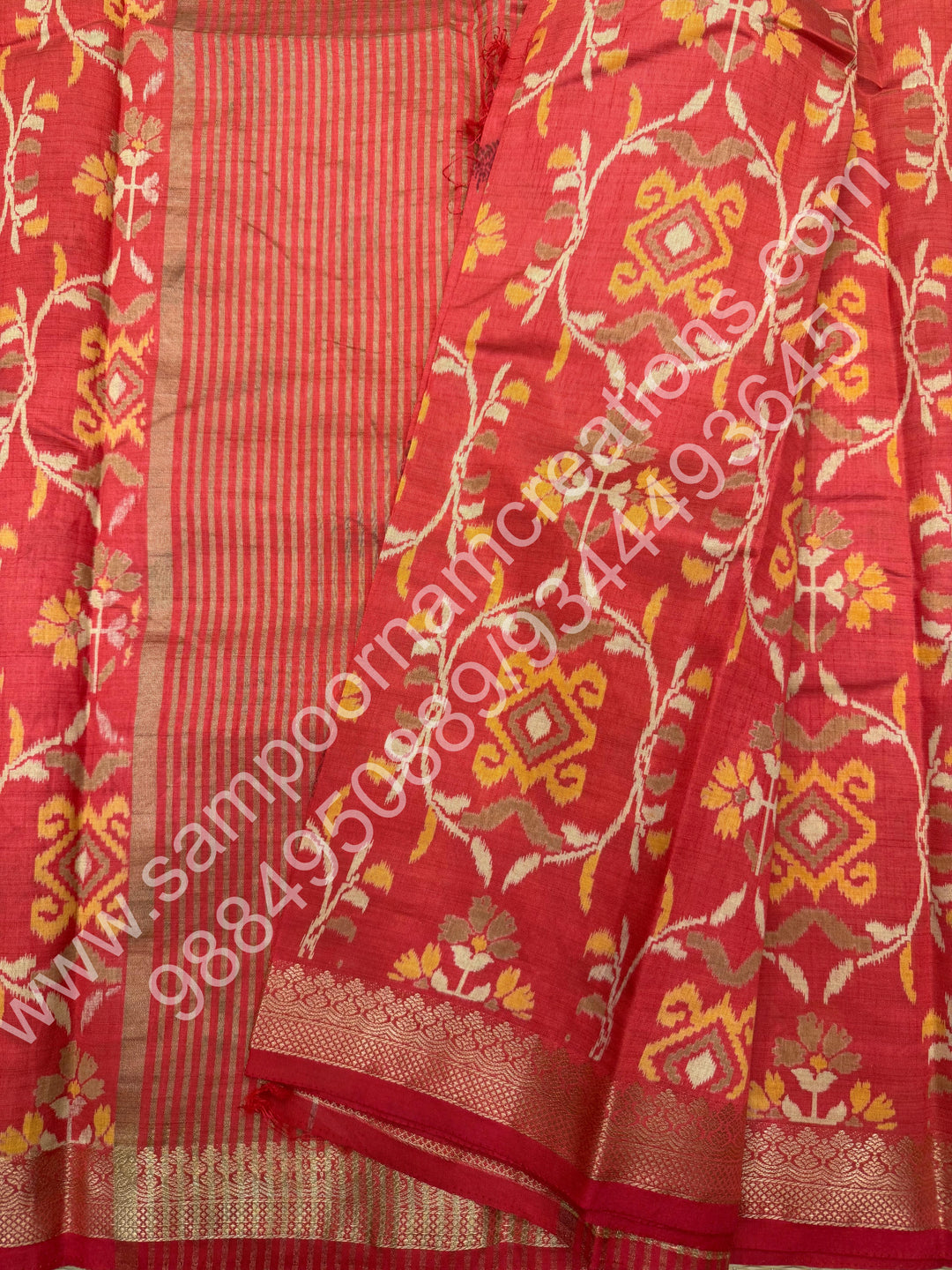Peach Floral ,  Prints in the body , tissue Pallu and Printed Blouse Semi Tussar Saree
