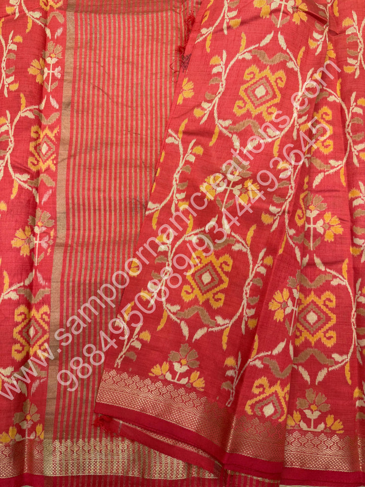 Peach Floral ,  Prints in the body , tissue Pallu and Printed Blouse Semi Tussar Saree