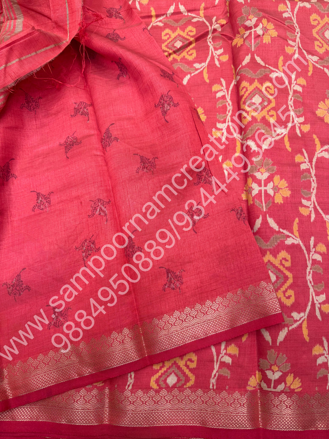 Peach Floral ,  Prints in the body , tissue Pallu and Printed Blouse Semi Tussar Saree
