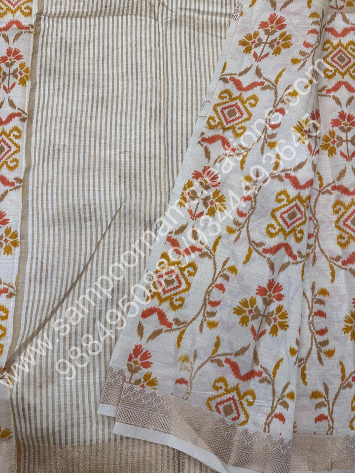 Offwhite , Floral Prints in the body , tissue Pallu and Printed Blouse Semi Tussar Saree