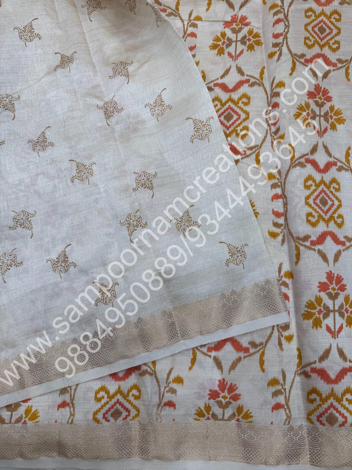 Offwhite , Floral Prints in the body , tissue Pallu and Printed Blouse Semi Tussar Saree