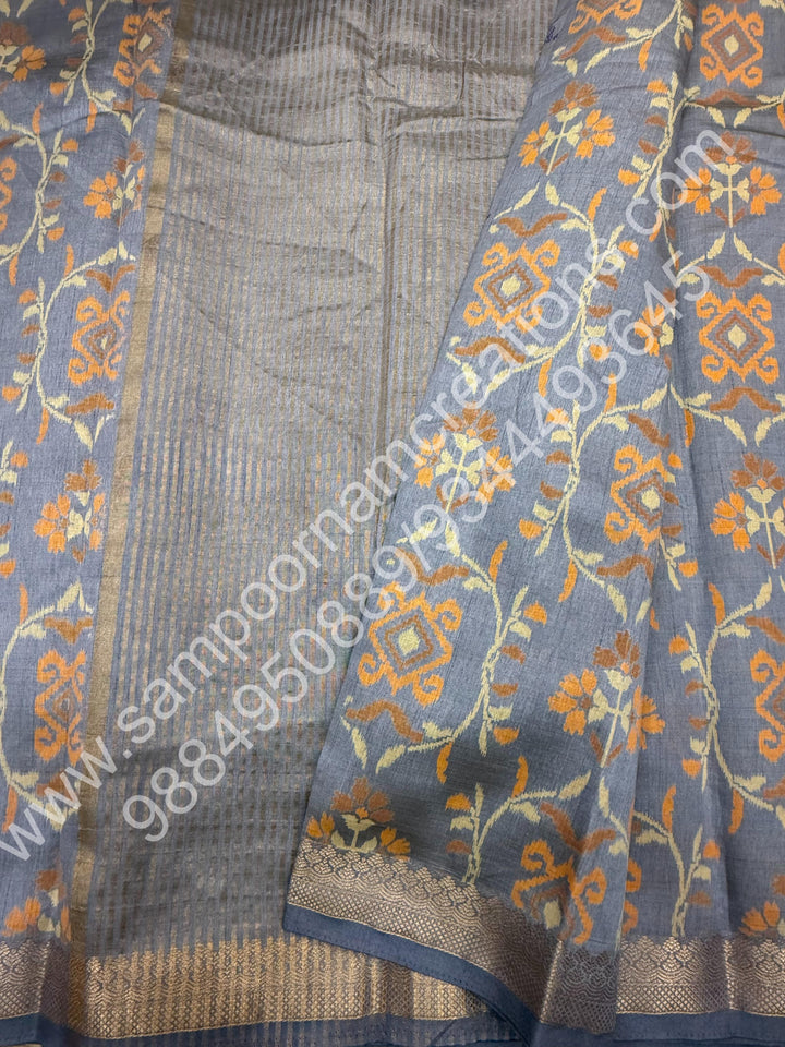 Grey , Floral Prints in the body , tissue Pallu and Printed Blouse Semi Tussar Saree