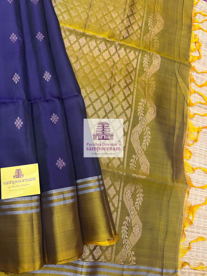 Jamun with Fenugreek Green , rich Zari Butta in the body , Plain borders , rich Pallu Handloom Semi Soft Silk Saree