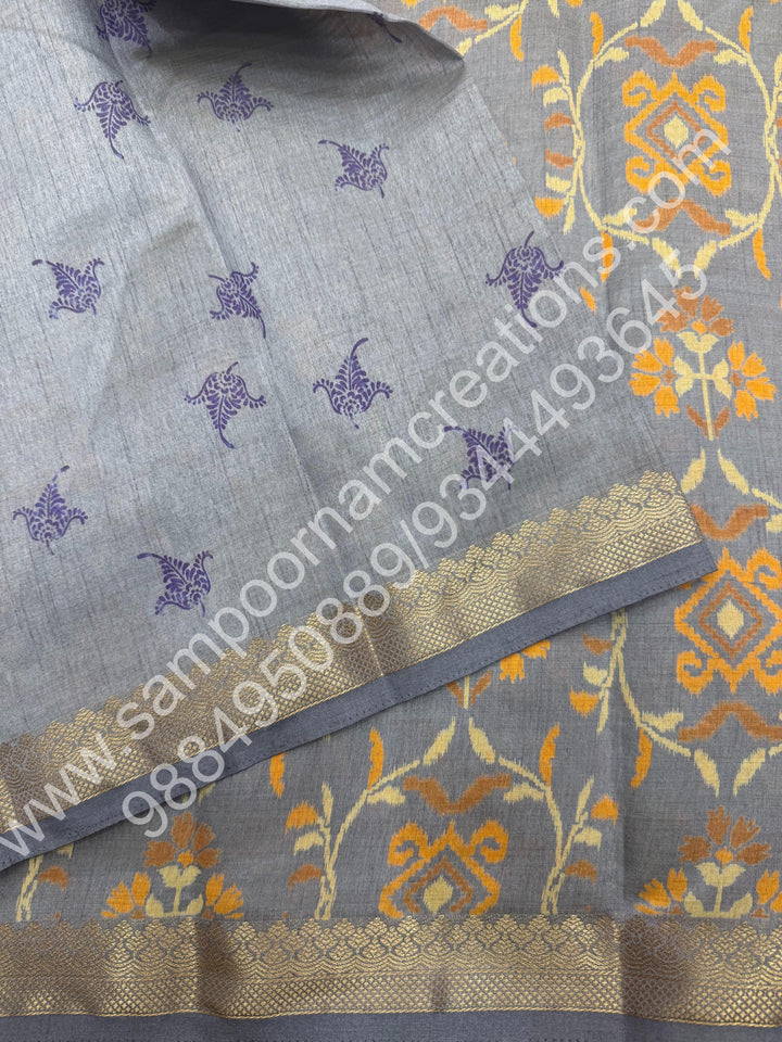 Grey , Floral Prints in the body , tissue Pallu and Printed Blouse Semi Tussar Saree