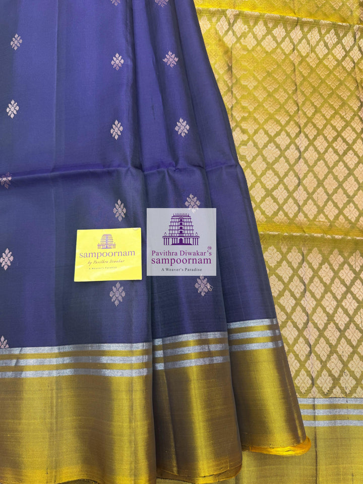 Jamun with Fenugreek Green , rich Zari Butta in the body , Plain borders , rich Pallu Handloom Semi Soft Silk Saree