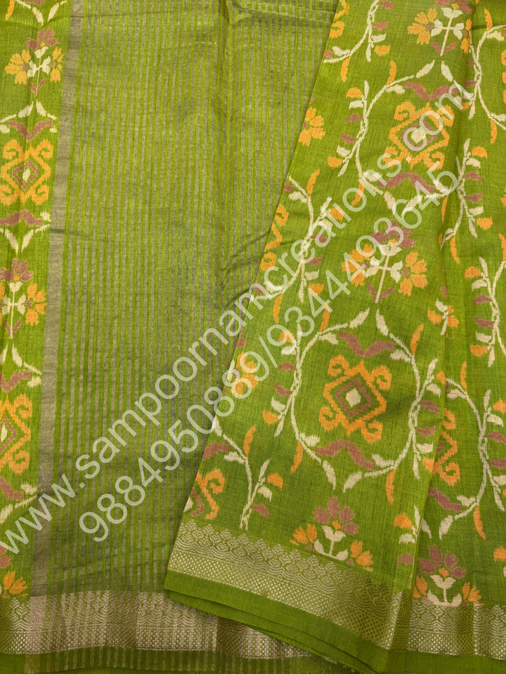Light Green , Floral  Prints in the body , tissue Pallu and Printed Blouse Semi Tussar Saree