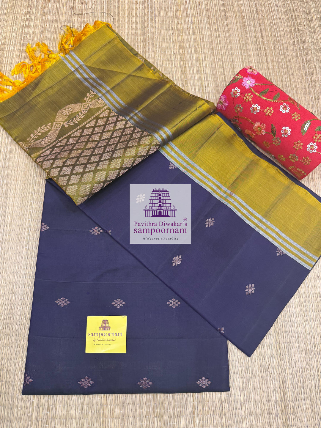 Jamun with Fenugreek Green , rich Zari Butta in the body , Plain borders , rich Pallu Handloom Semi Soft Silk Saree