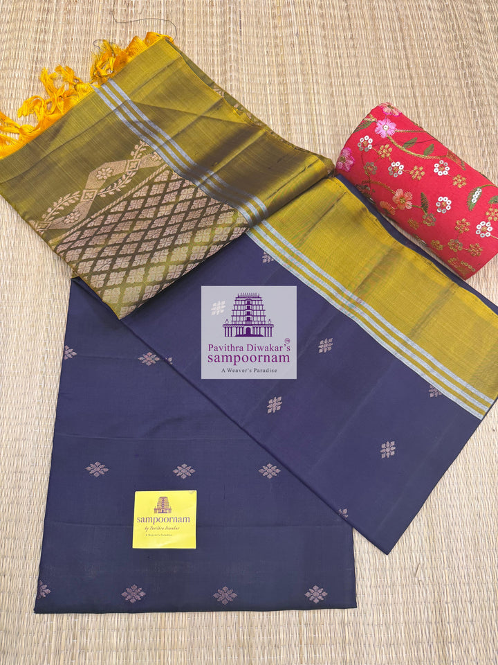 Jamun with Fenugreek Green , rich Zari Butta in the body , Plain borders , rich Pallu Handloom Semi Soft Silk Saree