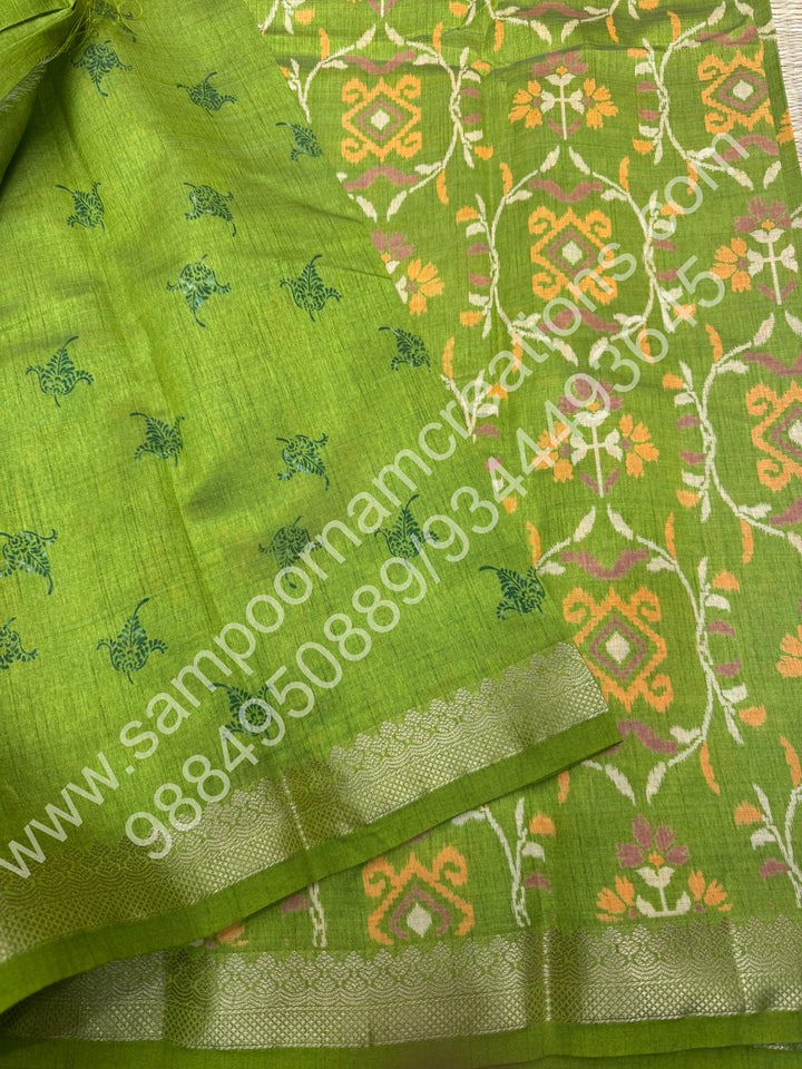 Light Green , Floral  Prints in the body , tissue Pallu and Printed Blouse Semi Tussar Saree