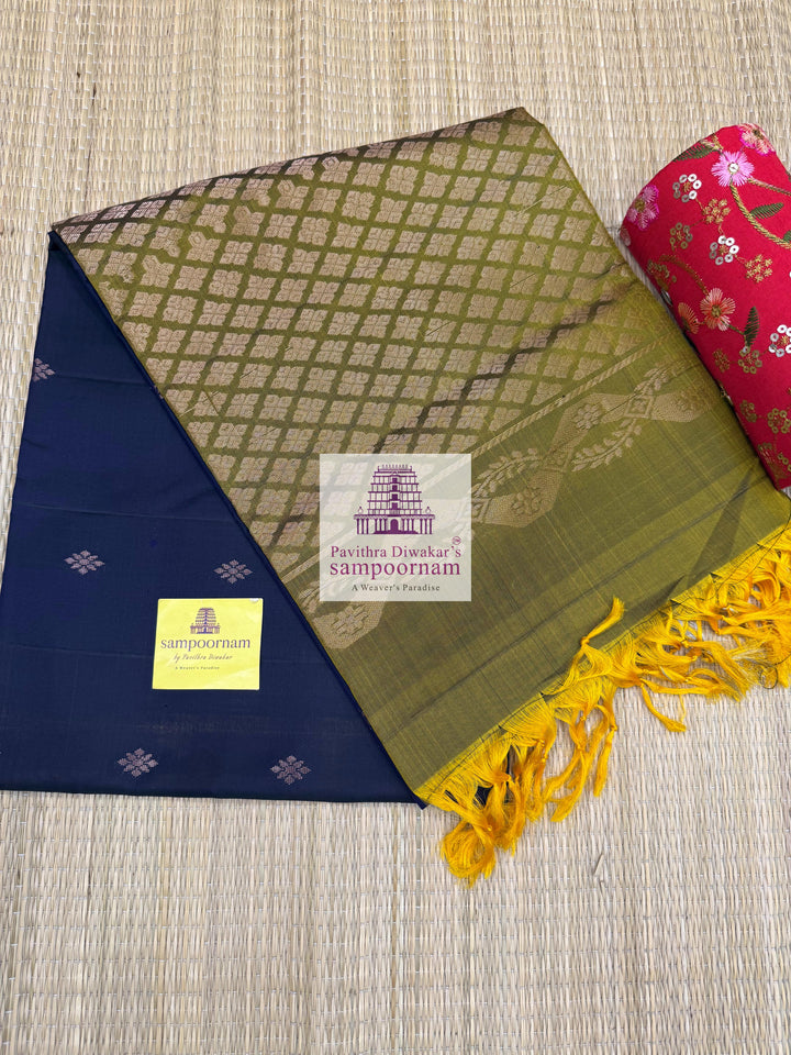 Jamun with Fenugreek Green , rich Zari Butta in the body , Plain borders , rich Pallu Handloom Semi Soft Silk Saree