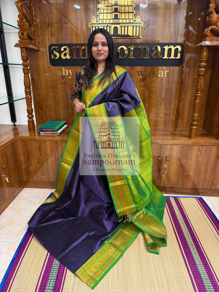 Dark Grey with Green ,traditional big border with rich Pallu Korvai Silk Cotton Saree