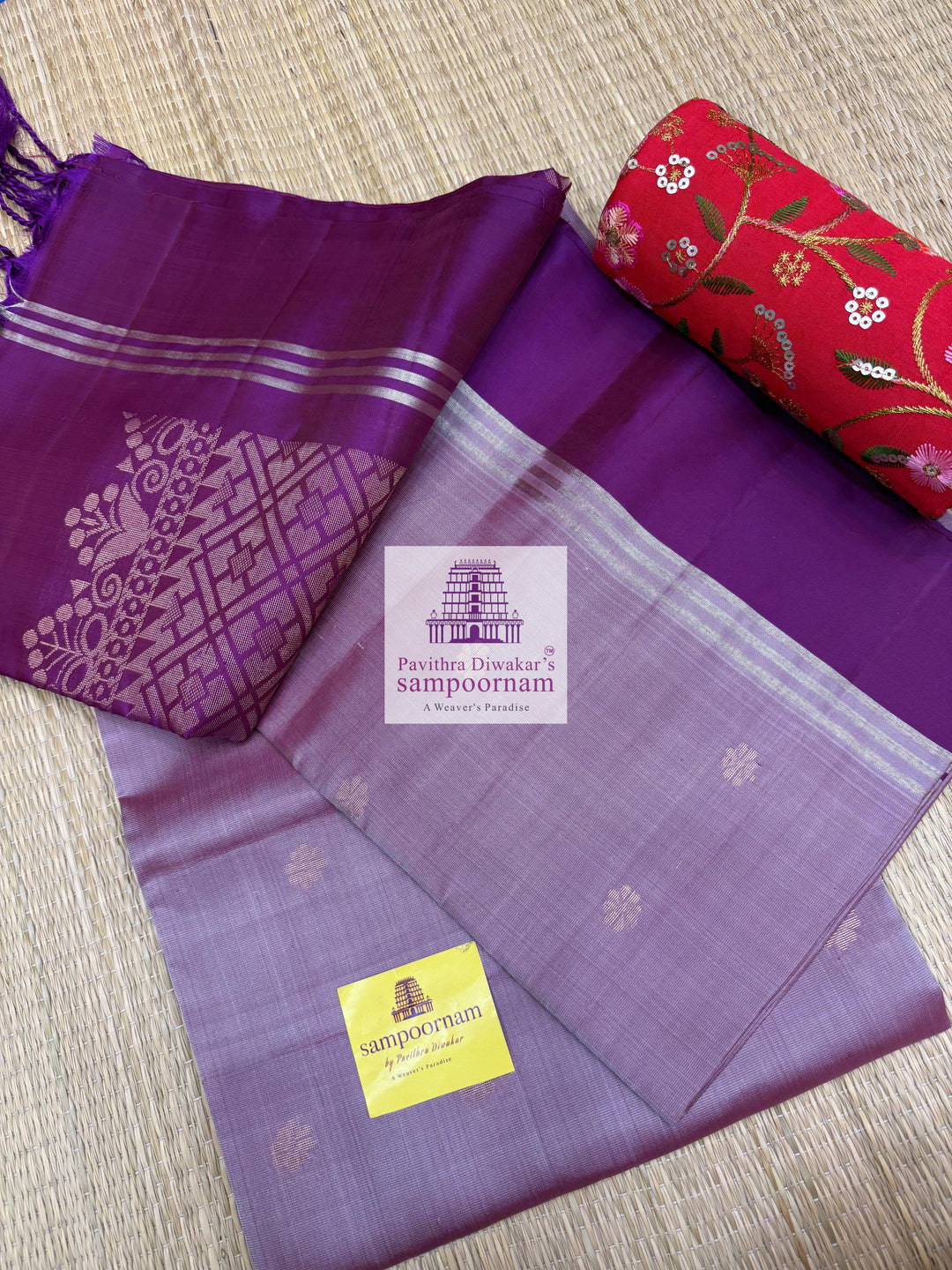 Lavender with Purple , rich Zari Butta in the body , Plain borders , rich Pallu Handloom Semi Soft Silk Saree