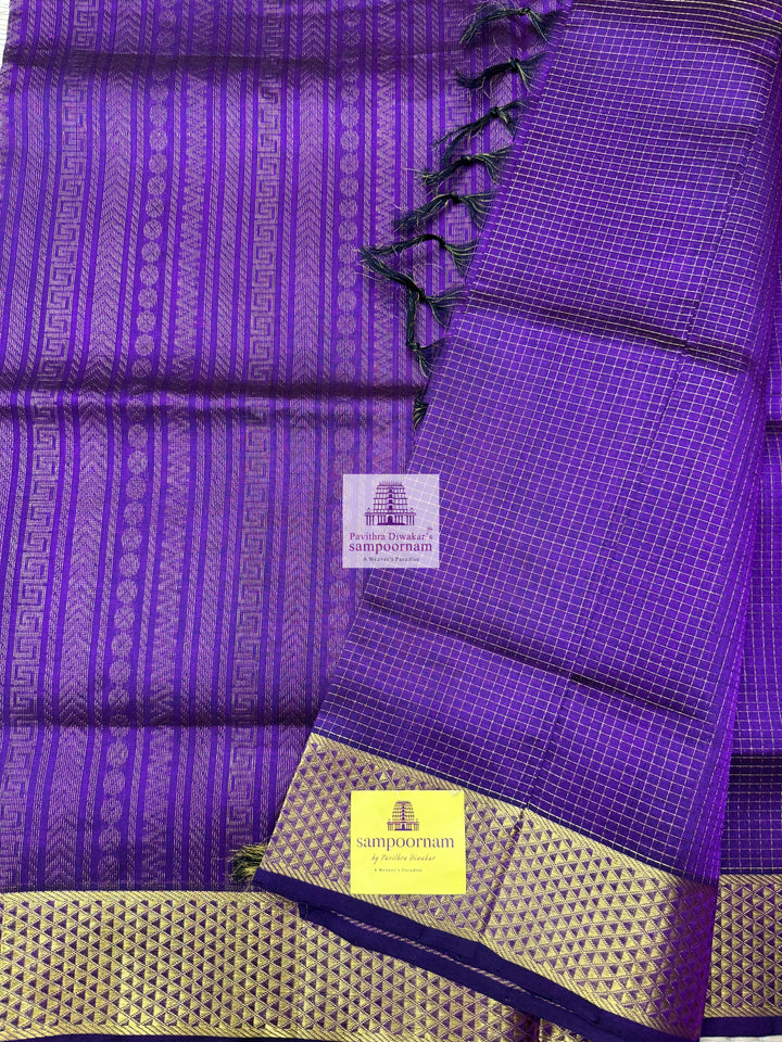 Dark Purple , Zari checks in the body , traditional border and rich Pallu Silk Cotton Saree