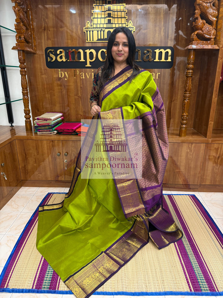 Leaf Green with Purple , one side short and long kanchi border with rich Pallu Korvai Silk Cotton Saree