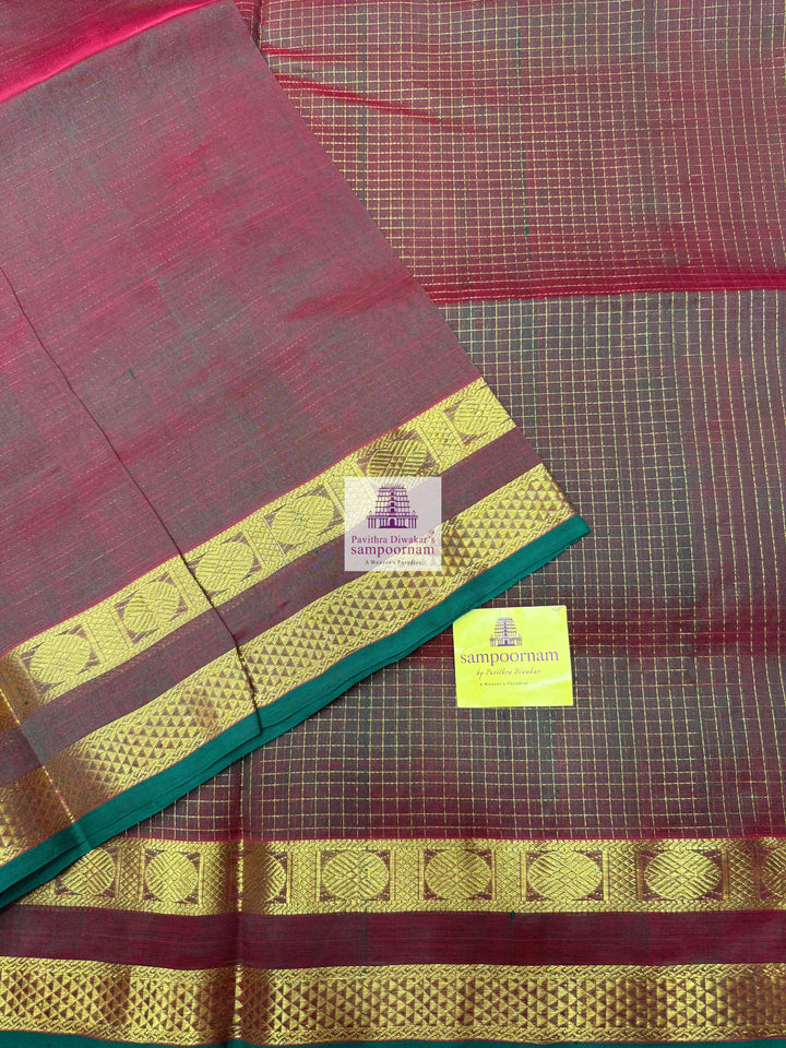 Manthulir , Green Selvedge  , Zari checks in the body , traditional border and rich Pallu Silk Cotton Saree