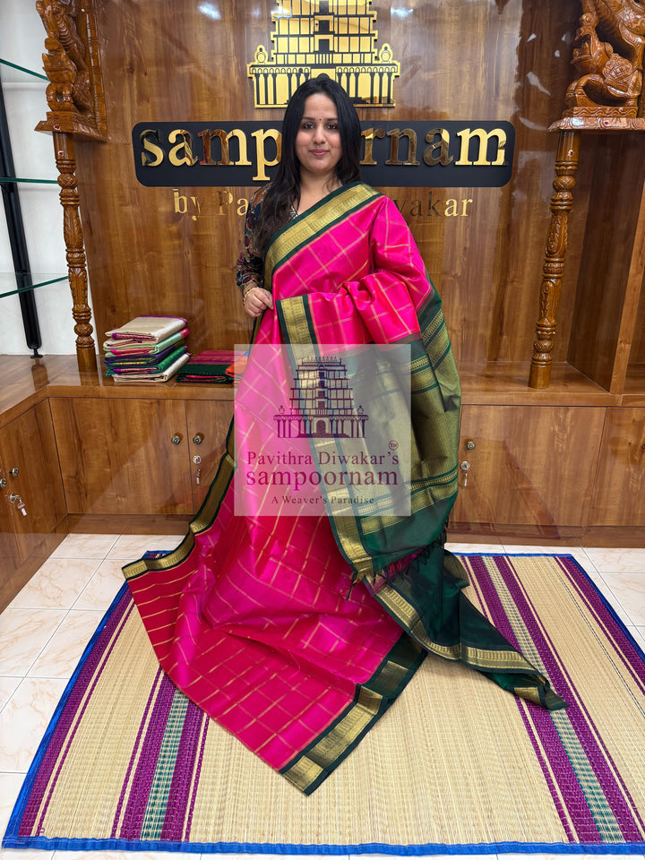 Rani Pink with Green , Zari checks in the body , traditional border and rich Pallu Korvai Silk Cotton Saree