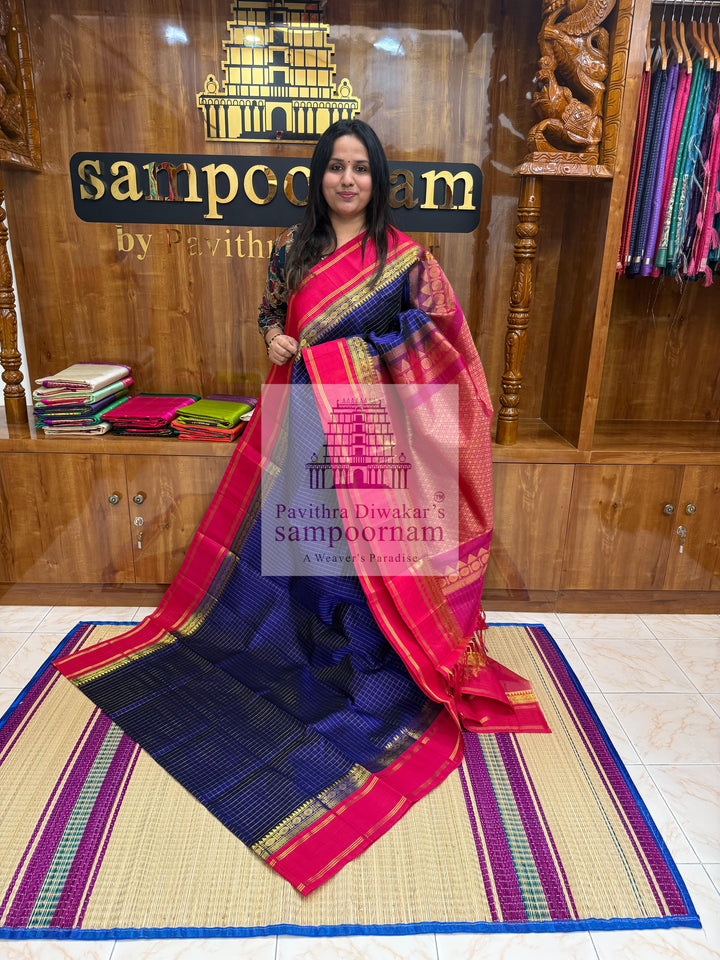 MS Blue with Red , Zari checks in the body , rich borders with traditonal Pallu Korvai Silk Cotton Saree