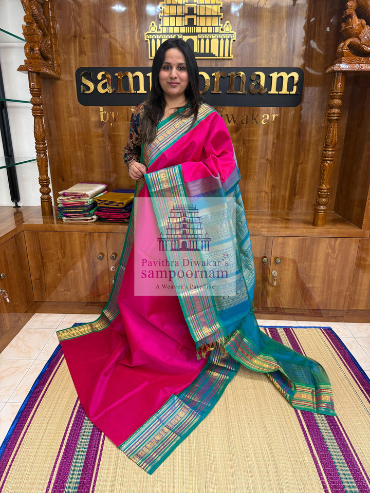 Rani Pink with Turquoise Blue , traditional big border with rich Pallu Korvai Silk Cotton Saree