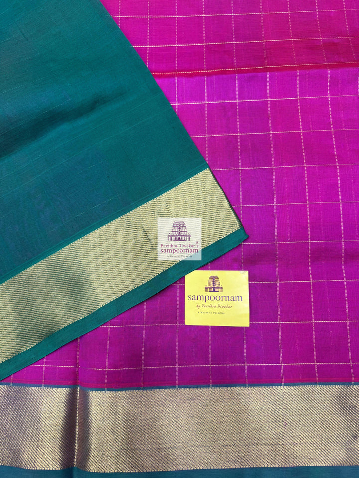 Pink with Green  , Zari checks in the body , traditional border and rich Pallu Silk Cotton Saree