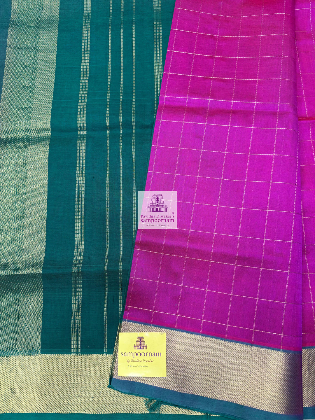 Pink with Green  , Zari checks in the body , traditional border and rich Pallu Silk Cotton Saree