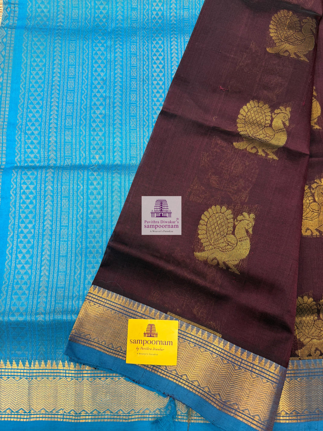 Dark Brown with Turquoise Blue , Annam Zari Butta in the body and traditional border , Rich Pallu Silk Cotton Saree