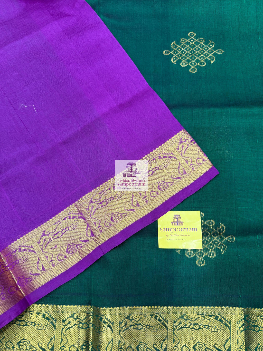 Dark Green with Magenta , Kollam Zari Motif in the Body , Rettapet Border  and Rich Pallu Silk Cotton Saree