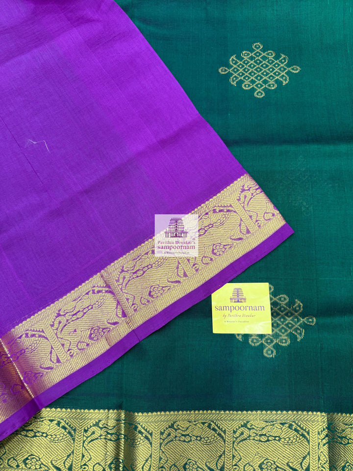 Dark Green with Magenta , Kollam Zari Motif in the Body , Rettapet Border  and Rich Pallu Silk Cotton Saree