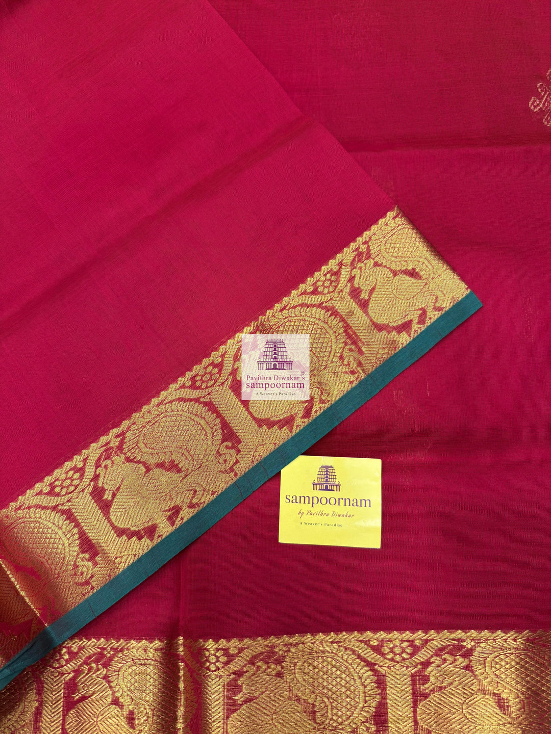 Red , Green Selvedge , Kollam Zari Motif in the Body , Rettapet Border  and Rich Pallu Silk Cotton Saree
