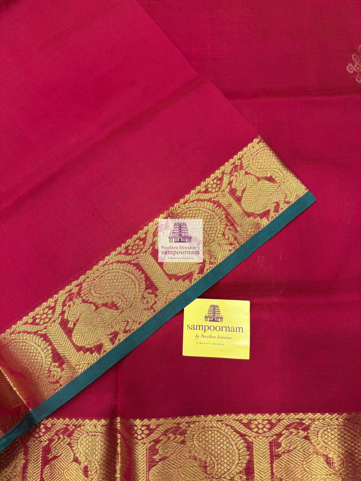 Red , Green Selvedge , Kollam Zari Motif in the Body , Rettapet Border  and Rich Pallu Silk Cotton Saree