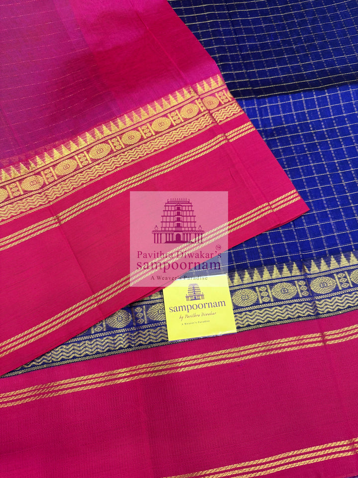 MS Blue with Red , Zari checks in the body , rich borders with traditonal Pallu Korvai Silk Cotton Saree