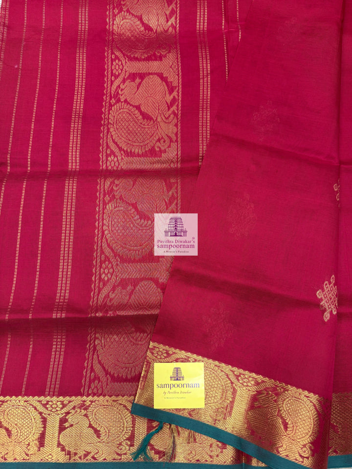 Red , Green Selvedge , Kollam Zari Motif in the Body , Rettapet Border  and Rich Pallu Silk Cotton Saree