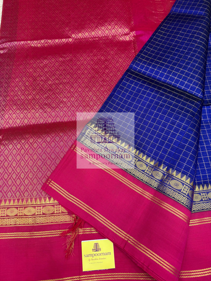 MS Blue with Red , Zari checks in the body , rich borders with traditonal Pallu Korvai Silk Cotton Saree