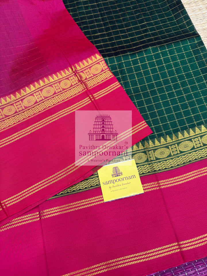 Dark Green with Red , Zari checks in the body , rich borders with traditonal Pallu Korvai Silk Cotton Saree