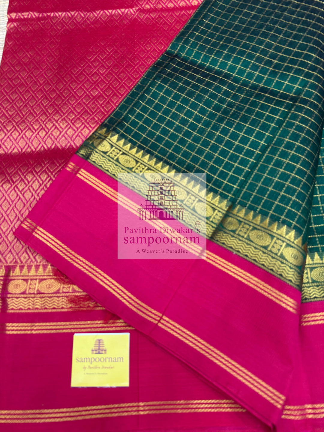 Dark Green with Red , Zari checks in the body , rich borders with traditonal Pallu Korvai Silk Cotton Saree