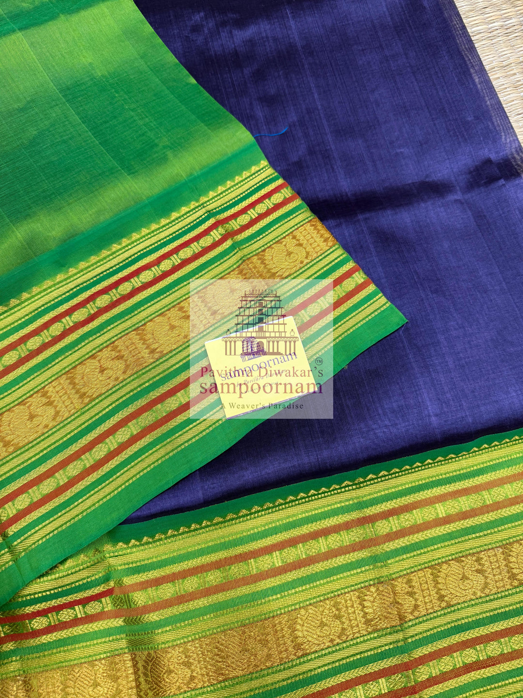 Dark Grey with Green ,traditional big border with rich Pallu Korvai Silk Cotton Saree