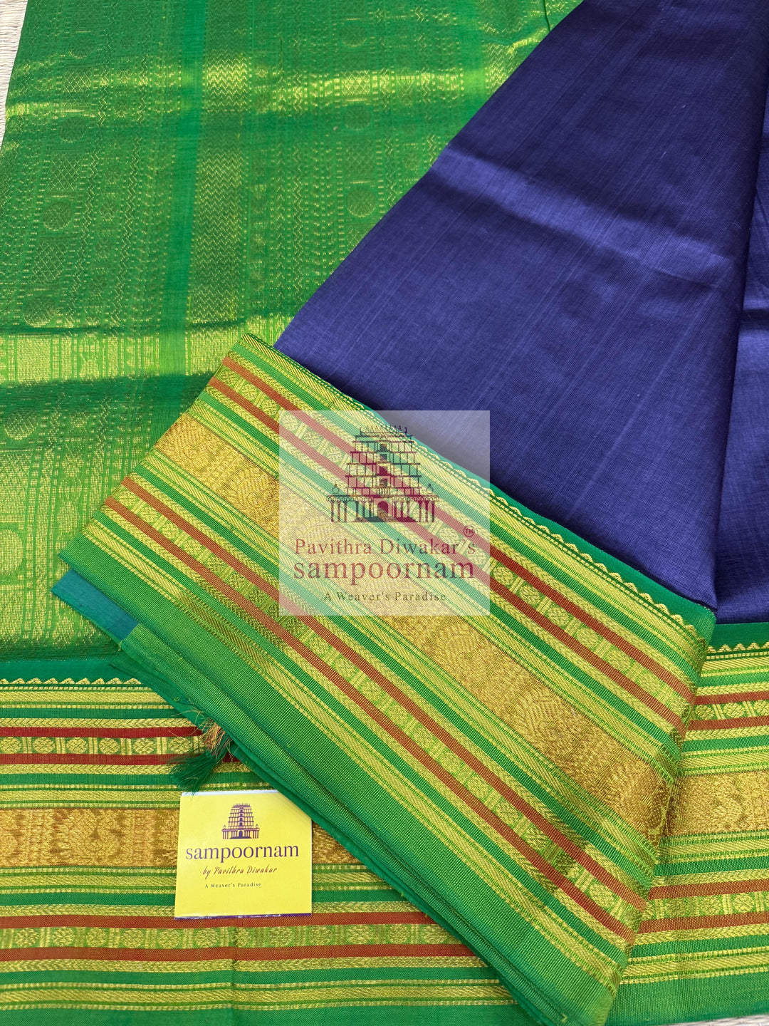 Dark Grey with Green ,traditional big border with rich Pallu Korvai Silk Cotton Saree
