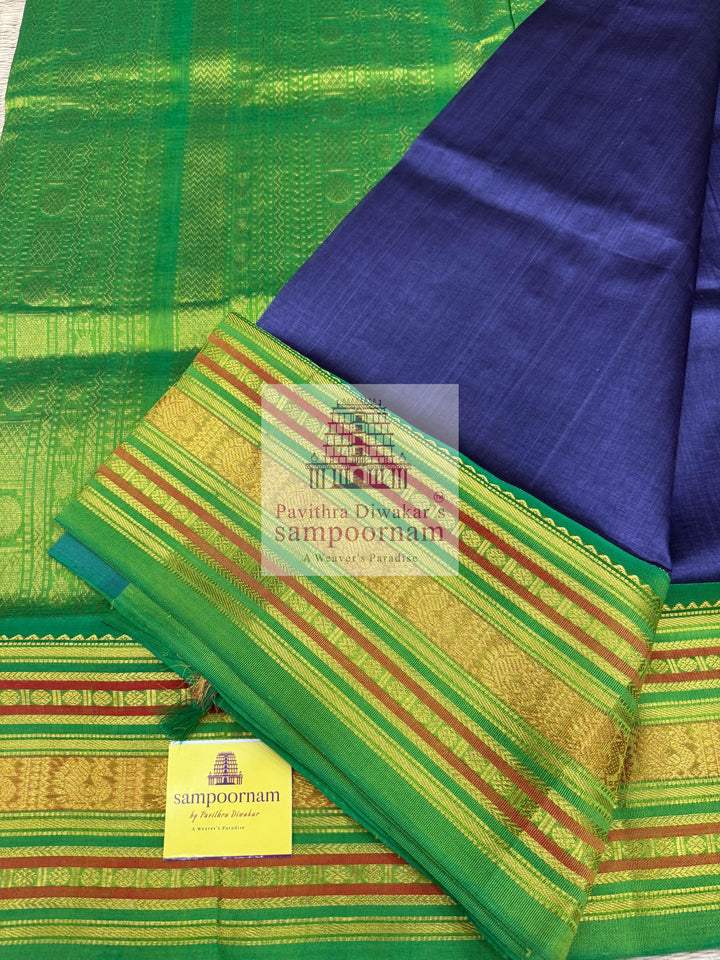 Dark Grey with Green ,traditional big border with rich Pallu Korvai Silk Cotton Saree