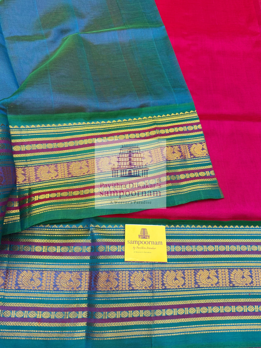 Rani Pink with Turquoise Blue , traditional big border with rich Pallu Korvai Silk Cotton Saree