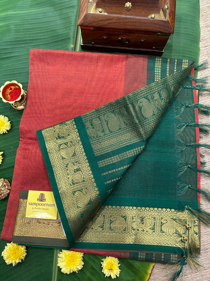 Brick Orange with Green Vairaoosi Silk Cotton Saree