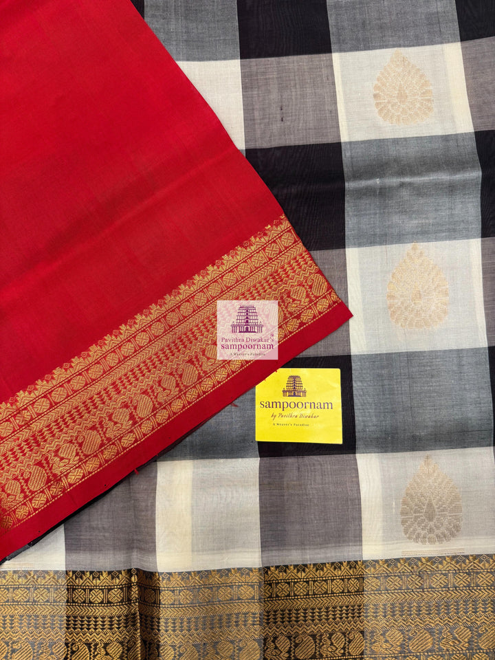 White , Brown  and Grey with Red , Mango butta in the body , traditional borders and rich Pallu Silk Cotton Saree