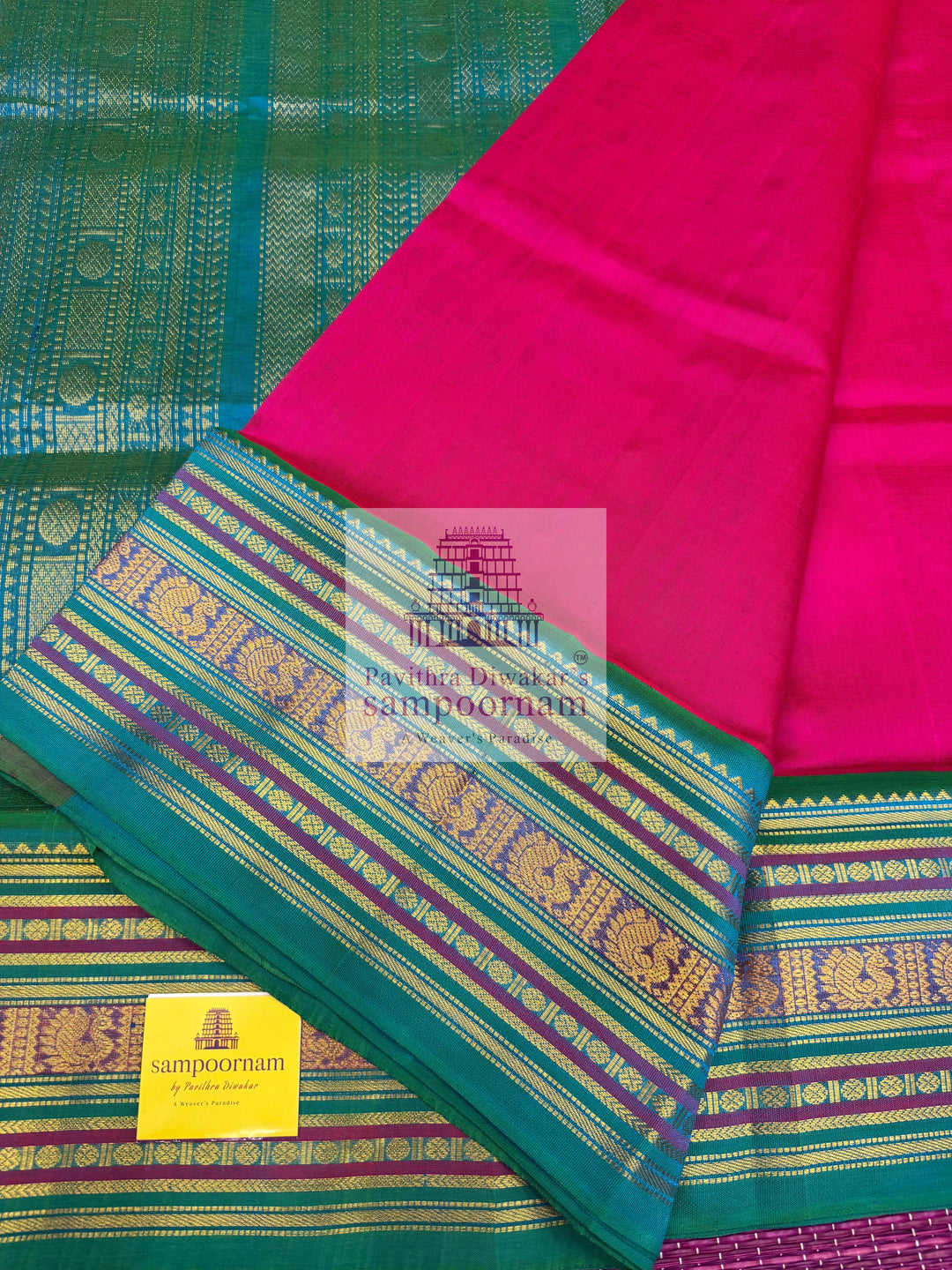 Rani Pink with Turquoise Blue , traditional big border with rich Pallu Korvai Silk Cotton Saree