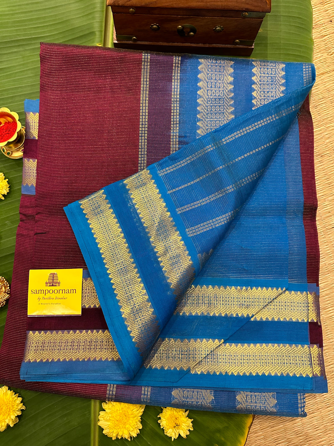 Dark Maroon with Blue Rettapet Border Vairaoosi Silk Cotton Saree