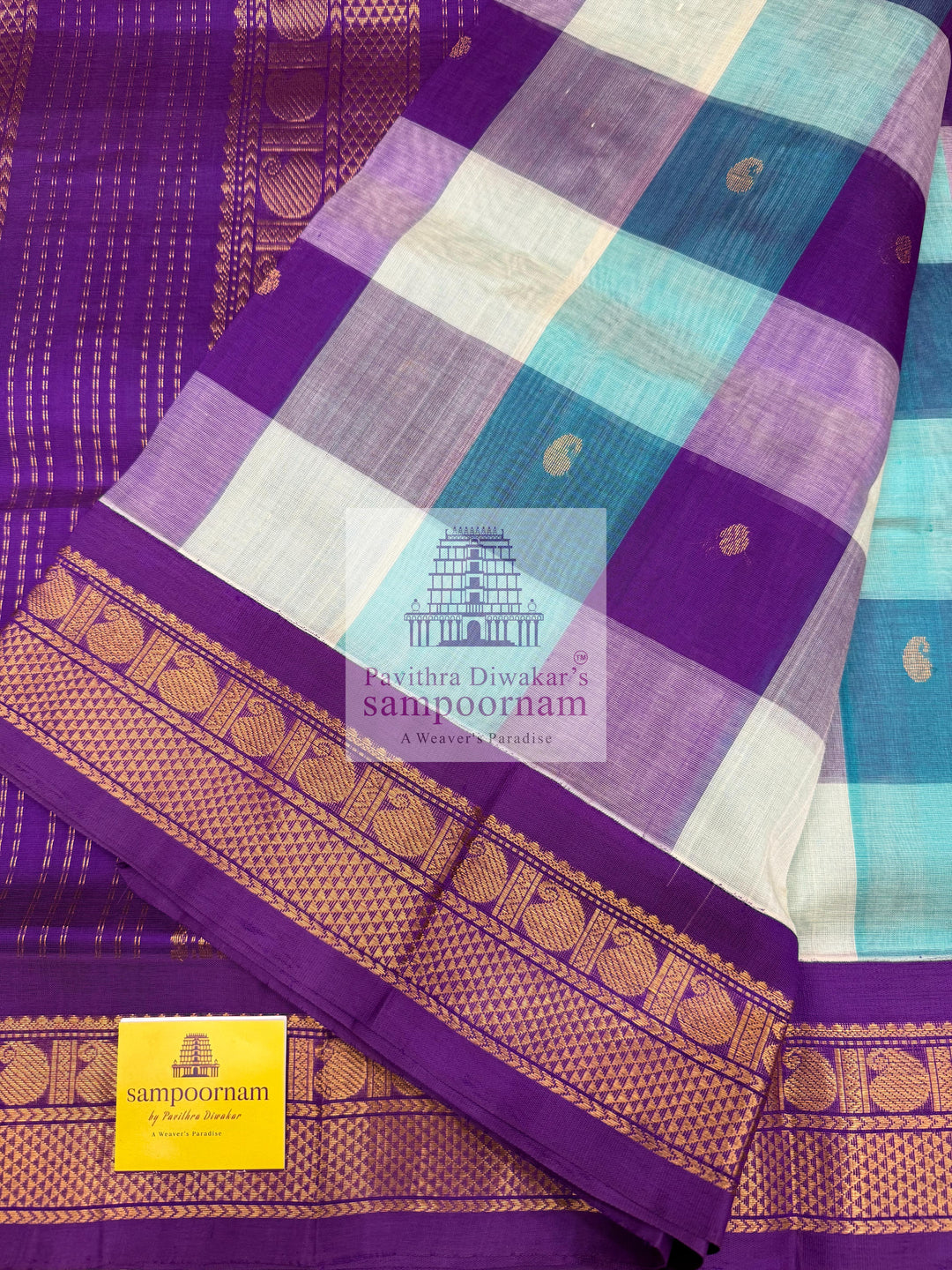 Blue , White , Purple  Paalum Pazham Kattam checks with rich butta , traditional borders and rich  Pallu Korvai Silk Cotton Saree