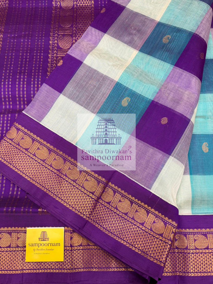 Blue , White , Purple  Paalum Pazham Kattam checks with rich butta , traditional borders and rich  Pallu Korvai Silk Cotton Saree
