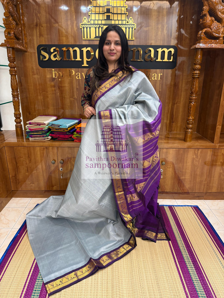 Light Grey with Purple , traditional borders with rich Pallu Korvai Silk Cotton Saree